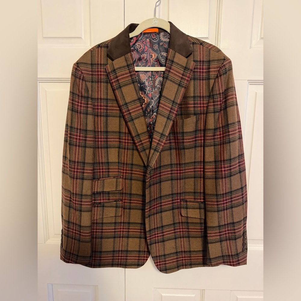 Tallia Men's Slim Fit‎ Tartan Sport Blazer 46R Wool Blend Suede Collar